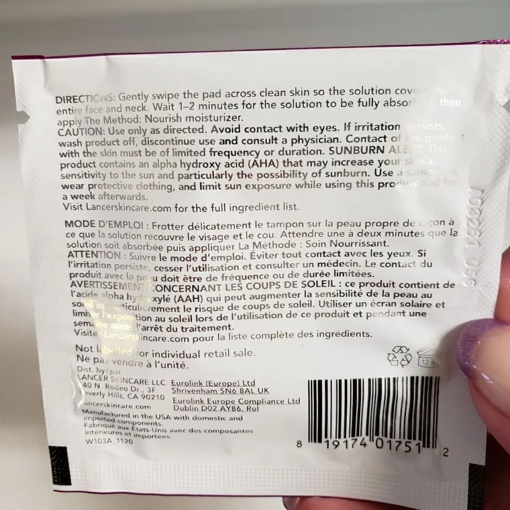 Lancer Gentle Exfoliating Peel Pad Set of 4 Individually Wrapped Wipes